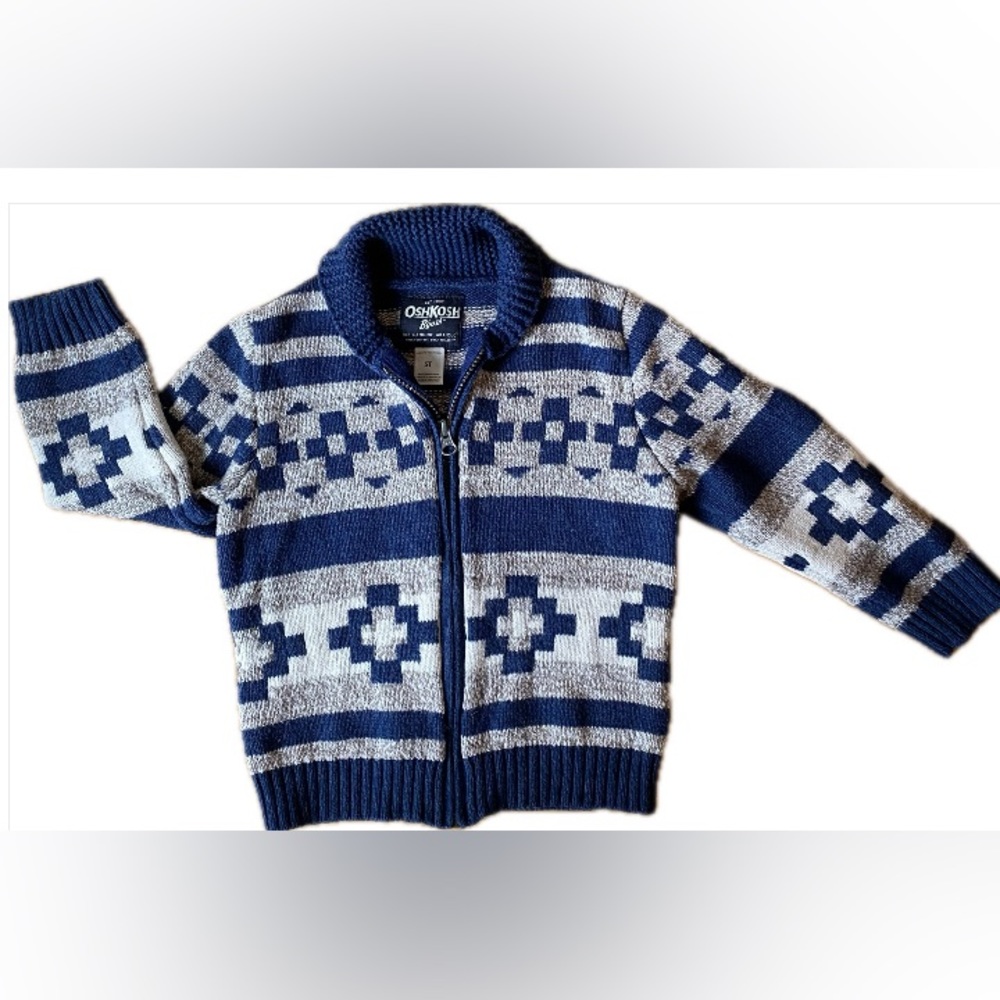 OshKosh B’gosh full zip sweater in kids 5T - blue, tan, cream